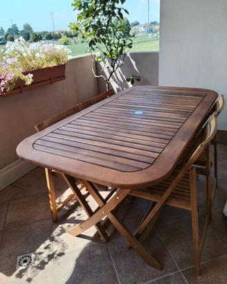 Set tavolo da giardino in legno + 4 sedie pieghevi