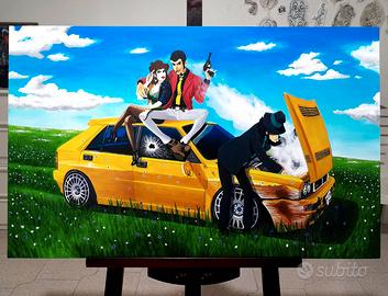 Stampa su tela dipinto LUPIN e LANCIA DELTA EVO II