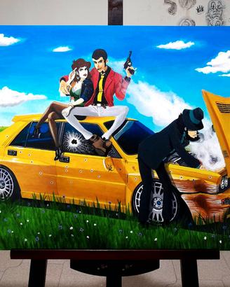 Stampa su tela dipinto LUPIN e LANCIA DELTA EVO II