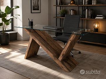 Scrivania design legno antico e cristallo