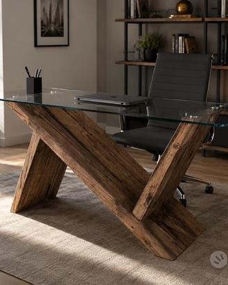 Scrivania design legno antico e cristallo