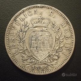 5 Lire argento 1898 San Marino Raro