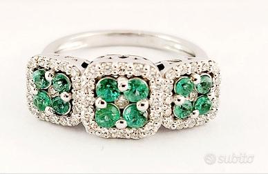 Anello trilogy Oro con Diamanti  Smeraldi 18kt-750