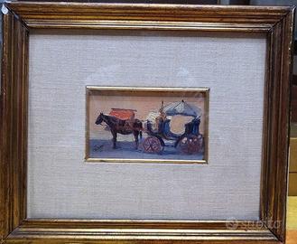 Piero Sadun: Olio su tavola "Cavallo e carrozza".