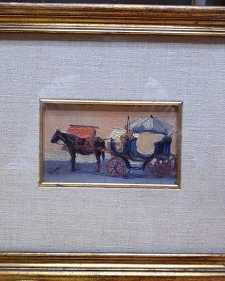 Piero Sadun: Olio su tavola "Cavallo e carrozza".