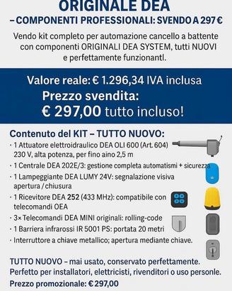 🔧 KIT AUTOMAZIONE CANCELLO ORIGINALE DEA