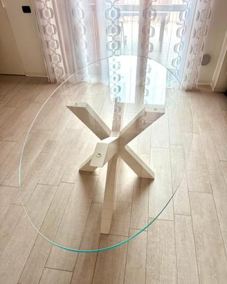 Tavolo ovale in cristallo+legno verniciato bianco