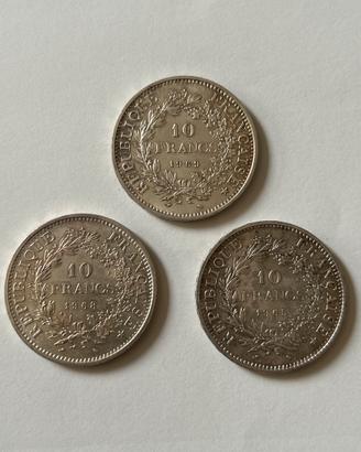 3 monete argento10 Franchi francesi 1965/1968/1969