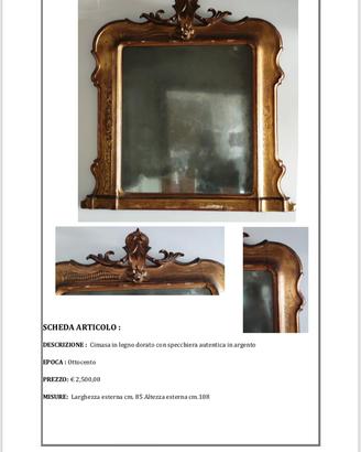 Cimasa '800 legno dorato con specchiera