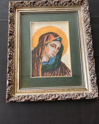 Quadro Sacro Madonna Ricamo Mano Cornice Dorata