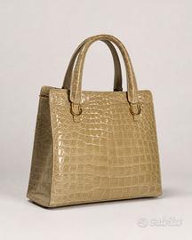 Borsa a mano vintage beige effetto coccodrillo con