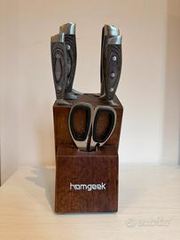 Ceppo in legno + set coltelli acciai