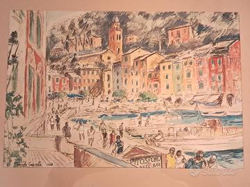Litografia Michele Cascella 1964 titolo Portofino