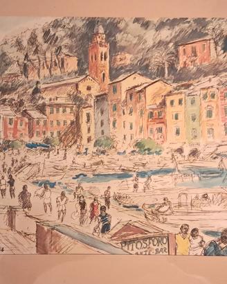 Litografia Michele Cascella 1964 titolo Portofino