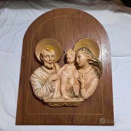 Sacra famiglia in gesso dipinto e legno