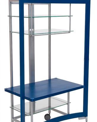 porta TV su rotelle, struttura metallo blu.