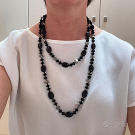 Collana lunga nera e cristalli vintage (Nuova)