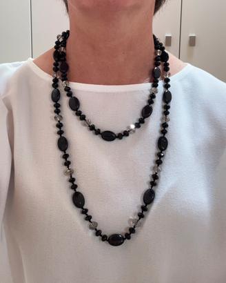 Collana lunga nera e cristalli vintage (Nuova)
