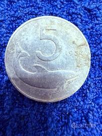 Moneta da 5 lire Delfino del 1954 della Rep.Italy