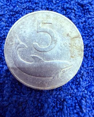 Moneta da 5 lire Delfino del 1954 della Rep.Italy