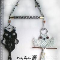 Coppia di Gufi a b/n Intrecci di corda a macrame