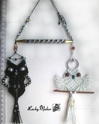 Coppia di Gufi a b/n Intrecci di corda a macrame
