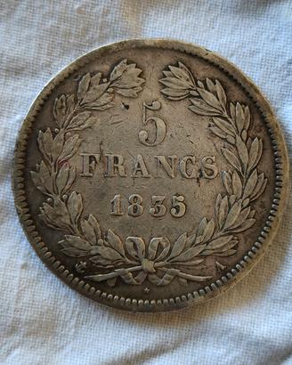 moneta 5 franchi francesi anno 1835