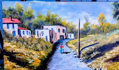 Quadro con paesaggio dipinto a olio su tela a mano