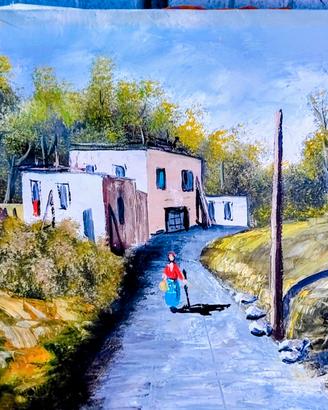 Quadro con paesaggio dipinto a olio su tela a mano