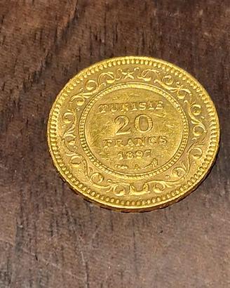 Moneta Oro 20 Francs 1897 Tunisia Marengo Tunisino