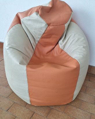 Pouf  in vera pelle a sacco arancione e beige