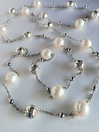 collana lunga con ematite argentata e perle di fiu