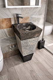 Lavabo con colonna in pietra naturale e marmo nero