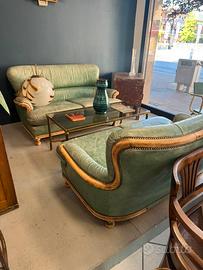 Coppia Divani Vintage 2 Posti Pelle Verde Legno