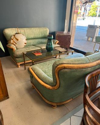 Coppia Divani Vintage 2 Posti Pelle Verde Legno
