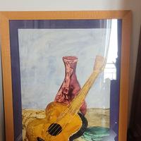Quadro natura morta con chitarra e vaso, firmato,