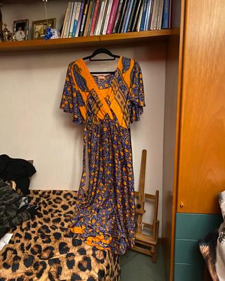 Vestito lungo boho chic arancione e blu