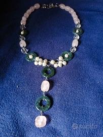 Colllier in quarzo rosa e perle