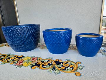 Tris di Vasi in Ceramica Smaltata Blu Set Completo