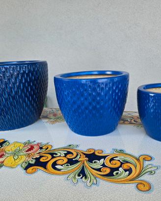 Tris di Vasi in Ceramica Smaltata Blu Set Completo