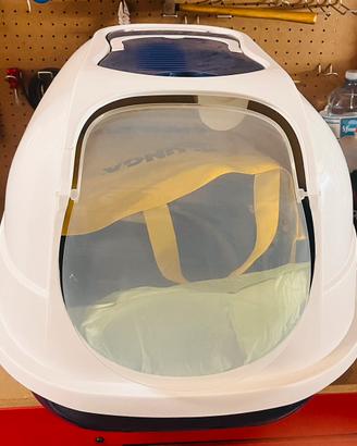 Lettiera blu per gatto con distributore crocchette