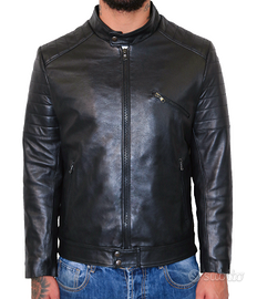Giubbotto Uomo Vera Pelle Nero Giacca Biker Moto