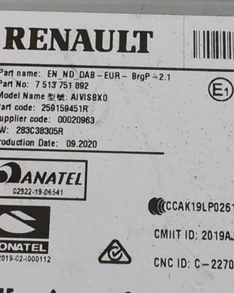 259159451R AUTORADIO RENAULT CLIO 1.0 B 74KW 5M 5P