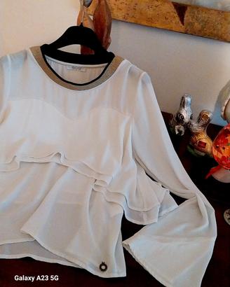 Blusa #Eco tg.48 fluida a strati, colletto dorato 