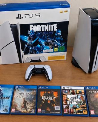 PS5 Slim 1TB con lettore+5 giochi+scatola Fortnite