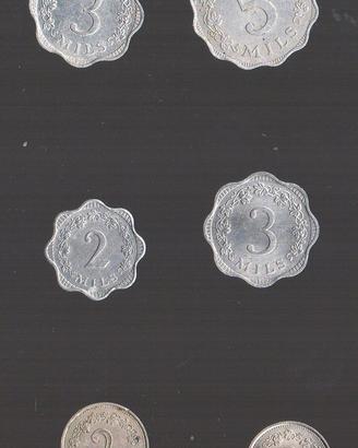 6 Monete Malta 2, 3, 5 Mils e 2 Cents del 1972