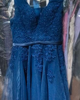 Abito da cocktail corto in tulle e pizzo blu navy