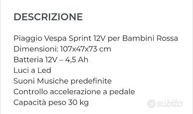 PIAGGIO VESPA SPRINT 12V PER BAMBINI ROSSA - Tutto per i bambini In vendita  a Novara