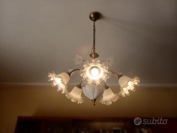 Lampadario vintage ceramica, vetro e ottone