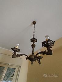LAMPADARIO ANTICO IN OTTONE 3 LUCI VINTAGE